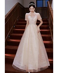Sparkling Collared Champagne Tulle Gown with Puff Sleeves – Perfect for Weddings and Formal Soirees