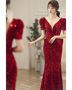 Glamorous Red Sequin Puff Sleeve Evening Gown – Sparkling Fit for Special Occasions
