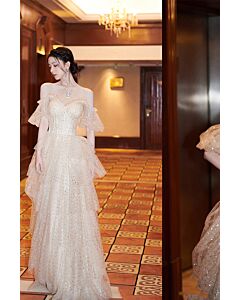 Champagne Off-the-Shoulder Ruffled Tulle Gown – Perfect for Weddings and Formal Events
