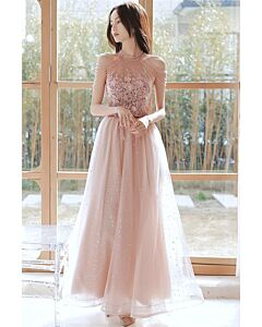 Delicate Blush Pink Beaded Evening Gown with Elegant Sheer Overlay