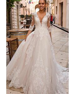 Lace V-Neck Long Sleeve Ball Gown with Long Train for Formal Events
