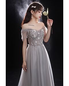 Elegant Gray Floral Embroidered Tulle Gown with Off-Shoulder Detail – Perfect for Formal Occasions