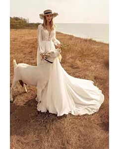 Bohemian Deep V-Neck Lace Bodice Long-Sleeve Gown with Long Train for Evening Events