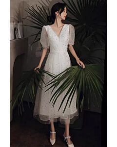 Sparkling White Tea-Length Tulle Dress with Puff Sleeves – Perfect for Weddings and Cocktail Parties