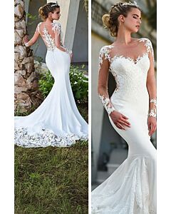 Long-Sleeve Lace Illusion Back Mermaid Gown with Long Train for Formal Events