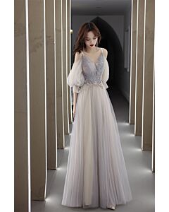 Ethereal Grey Tulle Gown with Puff Sleeves and Delicate Embellishments – Perfect for Evening Galas