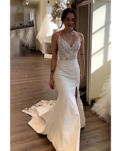 Lace V-Neck Mermaid Gown with High Slit and Long Train for Formal Events