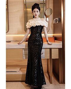 Black Sequin Mermaid Gown with White Ruffle Collar – Perfect for Formal Soirées