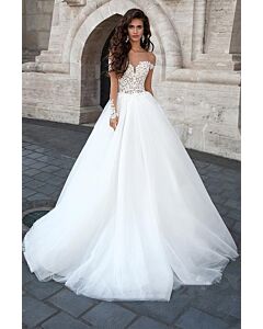 Lace Illusion Long-Sleeve Tulle Ball Gown with Long Train for Formal Events