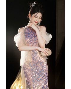 Sparkling Sequin Evening Dress with Tulle Details