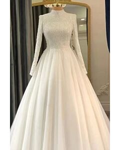 High-Neck Long Sleeve Lace Bodice Ball Gown with Long Train for Formal Events
