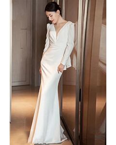 White V-Neck Long-Sleeve Mermaid Gown – Perfect for Modern Weddings and Formal Occasions