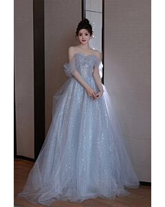 Celestial Blue Sequin Off-Shoulder Tulle Gown with Dreamy Sparkle – Perfect for Formal Events and Galas