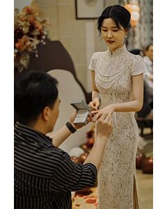 Ivory Lace Mandarin-Collar Cheongsam – Perfect for Engagements and Formal Occasions