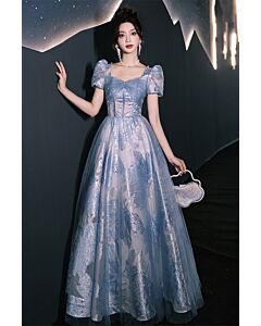 Sophisticated Light Blue Floral Brocade Ball Gown with Puff Sleeves – Perfect for Formal Events
