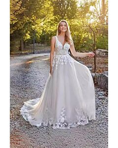 V-Neck Lace Bodice A-Line Gown with Long Train for Evening Events