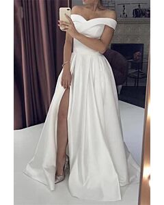 Off-the-Shoulder High-Slit Satin Gown with Long Train for Evening Events