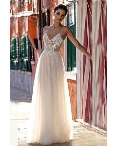 Lace V-Neck Spaghetti Strap Flowy Gown with Long Train for Evening Events