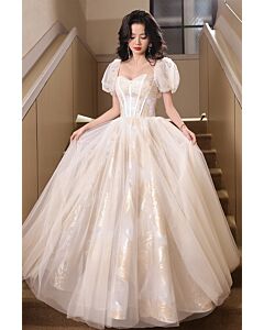 Romantic Off-White Puff Sleeve Ball Gown with Floral Embroidery – Perfect for Weddings and Formal Events