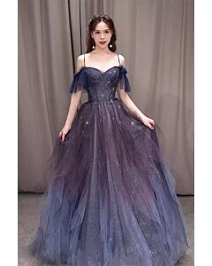 Magical Starry Purple Tulle Off-Shoulder Gown – Ideal for Evening Galas and Formal Events