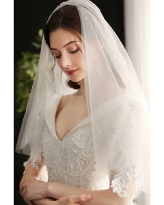 Short Tulle Veil with Pearl Accents for Bridal Events