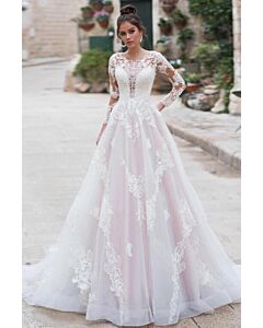 Lace Long Illusion Neckline Ball Gown with Long Train for Formal Events