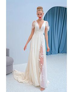 Deep V-Neck Lace-Trimmed Flowy Gown with Long Train for Evening Events