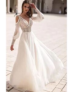 Lace Bodice Cold-Shoulder Long Sleeve Flowy Gown with Long Train for Formal Events