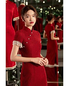 Crimson Lace Cheongsam with Pearl Tassel Sleeves – Perfect for Weddings and Festive Occasions