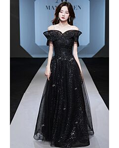 Black Starry Off-the-Shoulder Evening Gown – Perfect for Formal Galas and Special Events