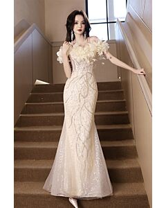 Champagne Sequin Off-Shoulder Mermaid Gown with 3D Floral Accents – Perfect for Weddings and Formal Events