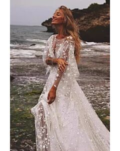 Long-Sleeve Starry Cape Gown with Long Train for Formal Events