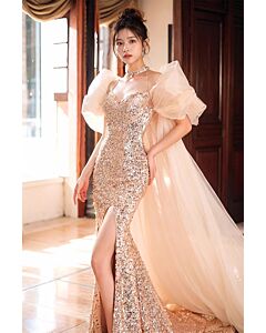 Glamorous Sequined Evening Gown with Puff Sleeves and Side Slit for Formal Occasions