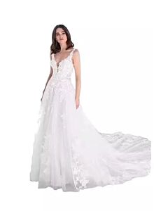 V-Neck Lace Appliqué Tulle Ball Gown with Long Train for Formal Events