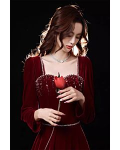Velvet Crimson Queen Gown – Luxe Sequin-Embellished Long Sleeve Dress for Formal Events