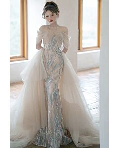 Champagne Iridescent Off-the-Shoulder Mermaid Gown with Tulle Overskirt – Perfect for Fairy-Tale Weddings