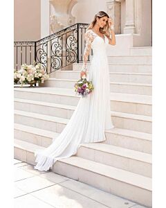 Long-Sleeve Lace V-Neck Gown with Flowy Skirt and Long Train for Formal Events