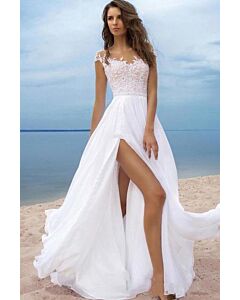 Lace Illusion Neckline High-Slit Gown with Long Train for Beach Weddings