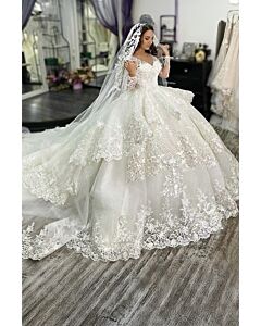 Off  Shoulder Lace Ball Gown with Train for Formal Events