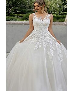 Illusion Neckline Lace Ball Gown with Long Train for Wedding Events