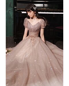 Starlit Melody Glitter Gown – Puff Sleeves & Floral Embellishments