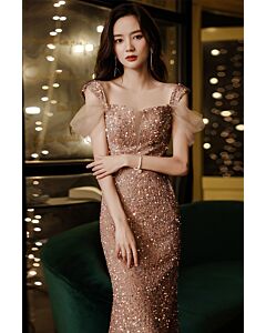 Rose Gold Sequin Sheath Dress with Tulle Details – Elegant Evening Gown