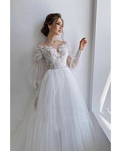 Lace Illusion Neckline Ball Gown with Long Puff Sleeves for Formal Events