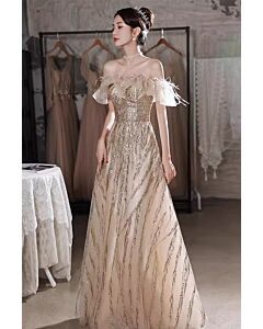 Champagne Feather Off-Shoulder Glitter Gown – Perfect for Weddings and Formal Events