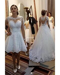 Lace Illusion Neckline Long-Sleeve Short Dress for Formal Events