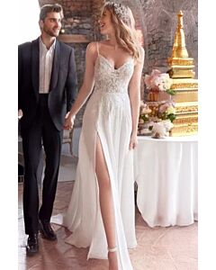Lace V-Neck Gown with High Slit and Long Train for Wedding Receptions