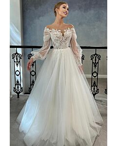Lace-Top Tulle Ball Gown with Long Sleeves and Long Train for Formal Events
