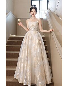 Elegant Ivory Tulle Gown with Gold Floral Embroidery – Perfect for Weddings and Formal Celebrations"