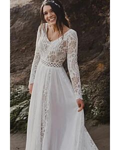Long-Sleeve Lace V-Neck Gown with Flowing Skirt for Beach Weddings