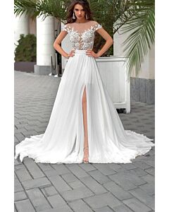 Lace Illusion Neckline Chiffon Ball Gown with High Slit and Long Train for Formal Events